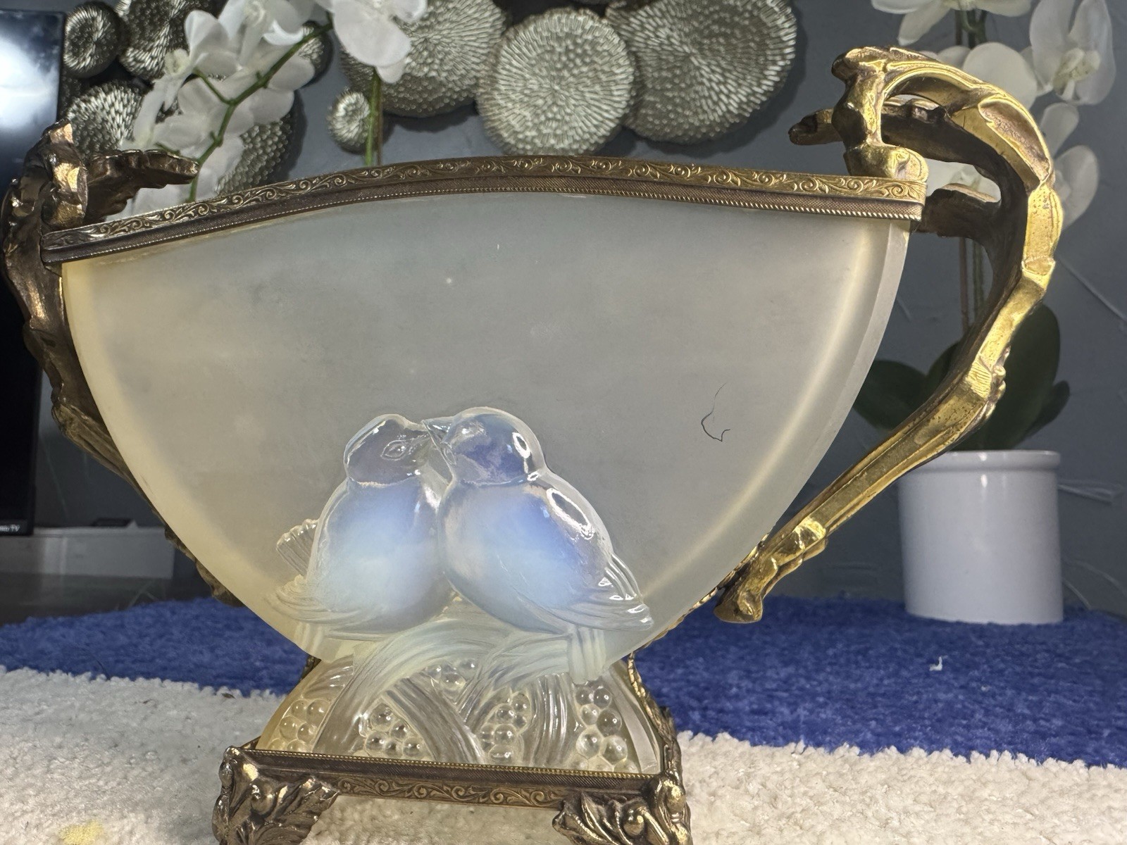 1930’s Verlys Frosted Crystal Footed Vase with Lovebirds France Signed
