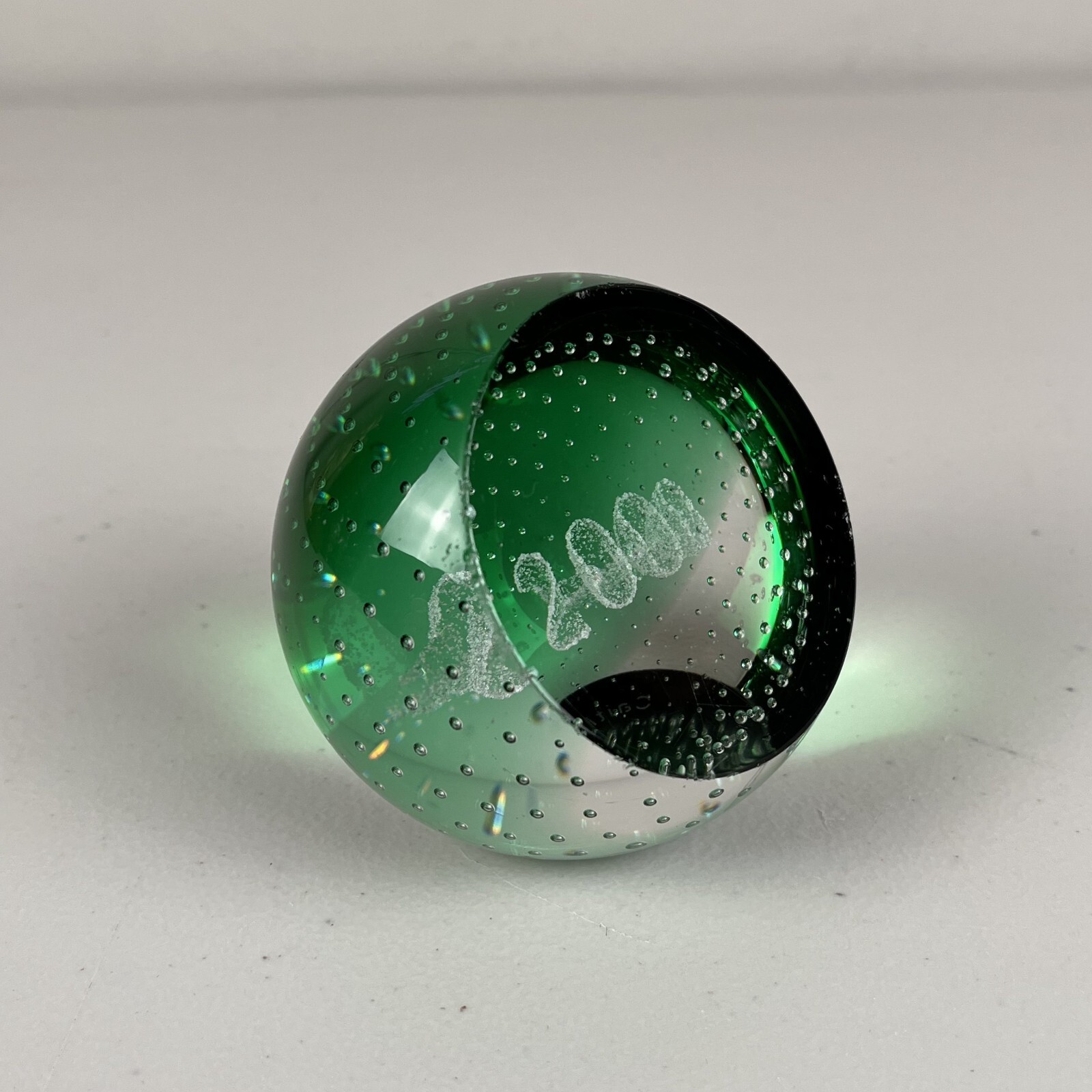 Vintage Caithness Scotland Green Glass Paperweight White Clear 2000 Y2K
