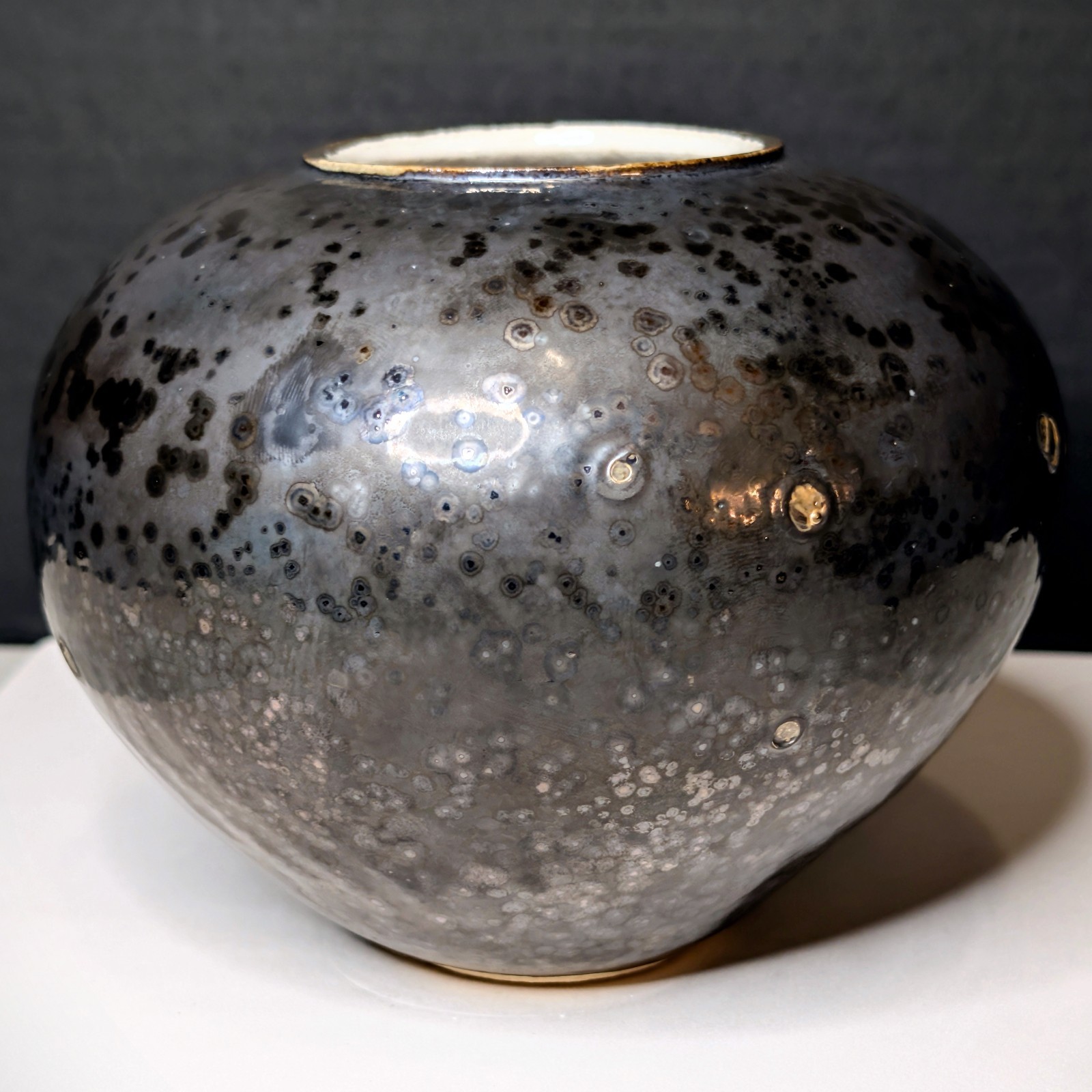 Porcelain Gold Plated Orb Dark Metallic Glaze Iridescent “Oil Spot” Gold Rim