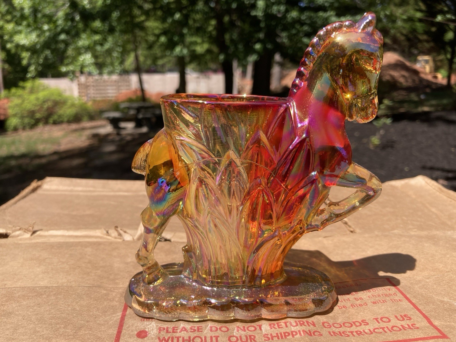 One Vintage L E Smith Carnival Glass Horse Vase / From NOS Box / Red / Amber