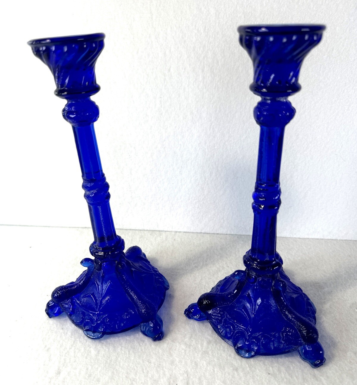Portieux Vallerysthal Cobalt Blue Glass Candlestick Pair 9″ Vintage