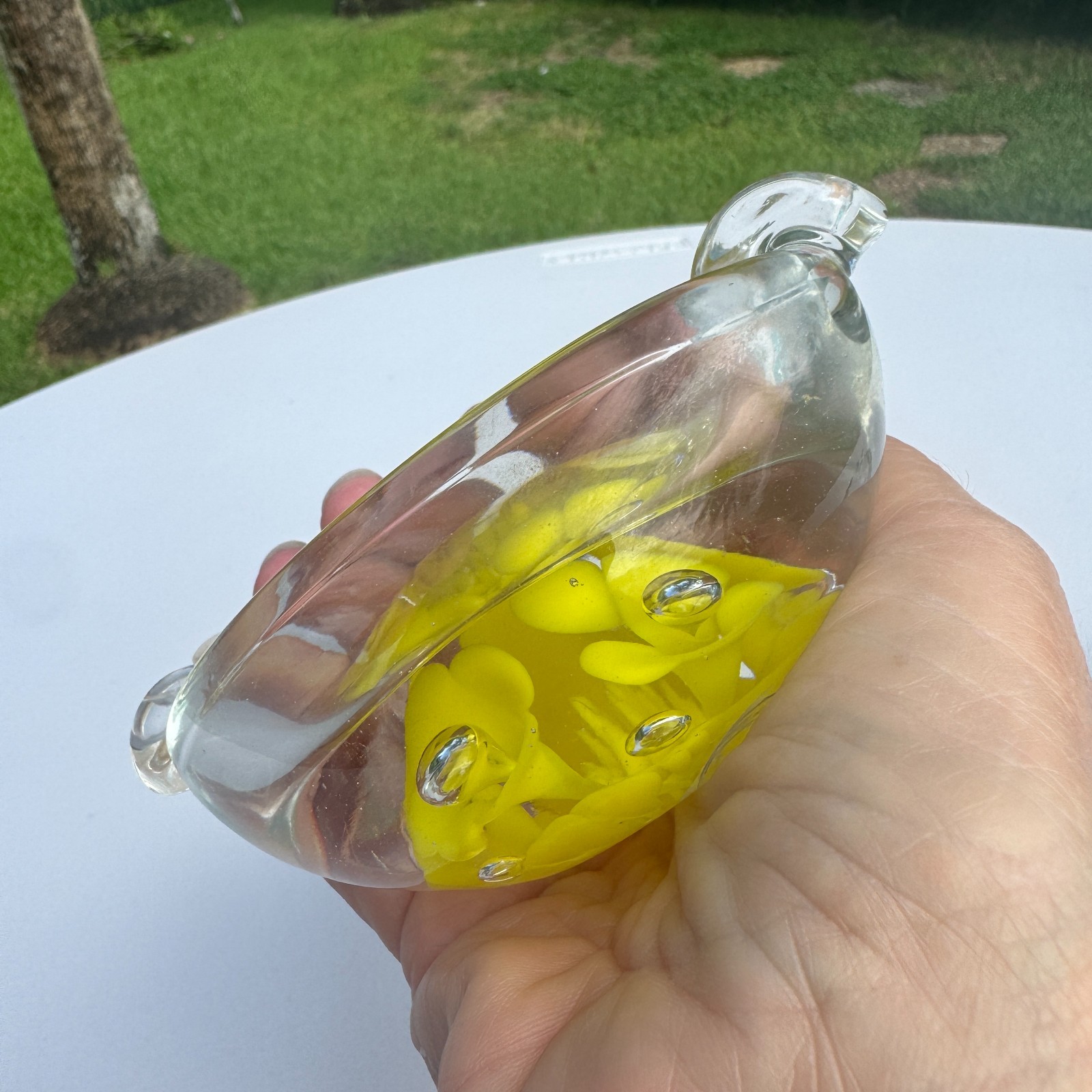 Joe St Clair Art Glass Ashtray Paperweight Pair Blue Yellow Floral Bubble Label