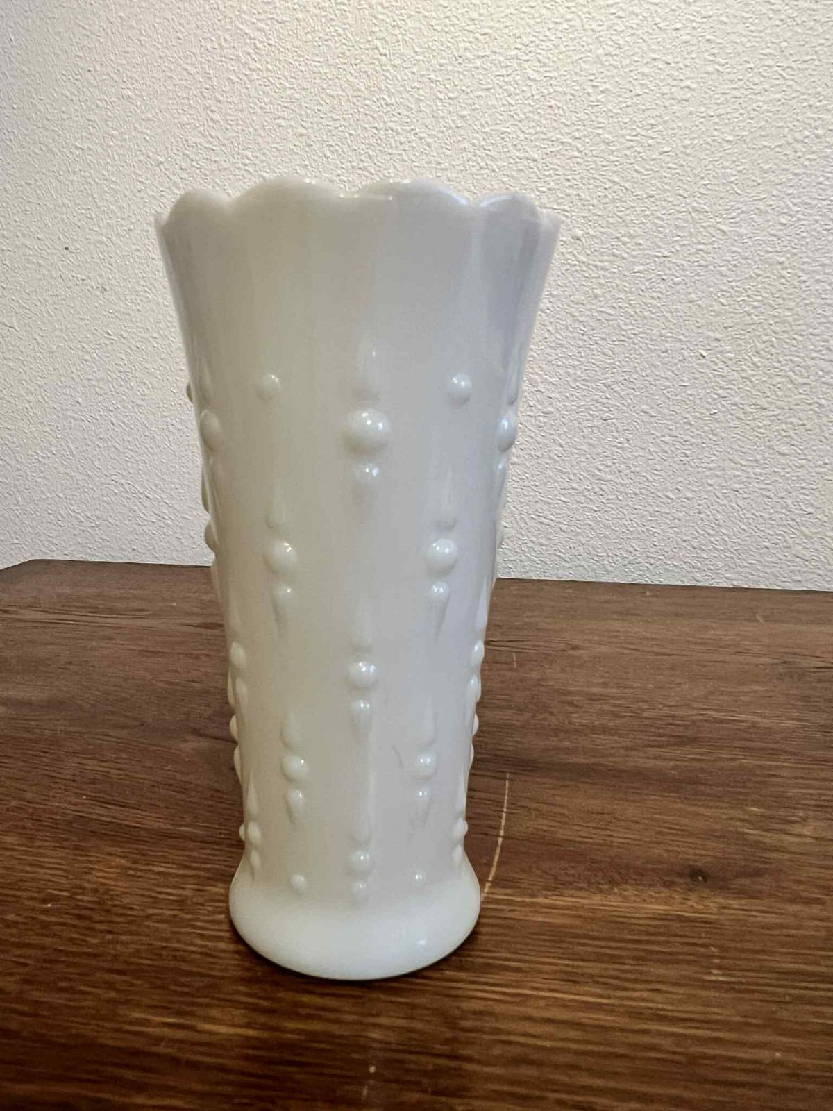 Vintage Milk Glass Vases Lot of 2 Diamond Quilt & Hobnail Pattern Scalloped Rim