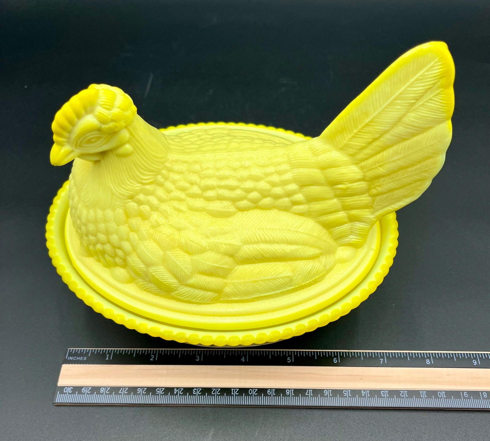 Mosser Glass Hen On A Nest 7 1/2″ Dandelion Cadmium Glow Large HON Woven Basket