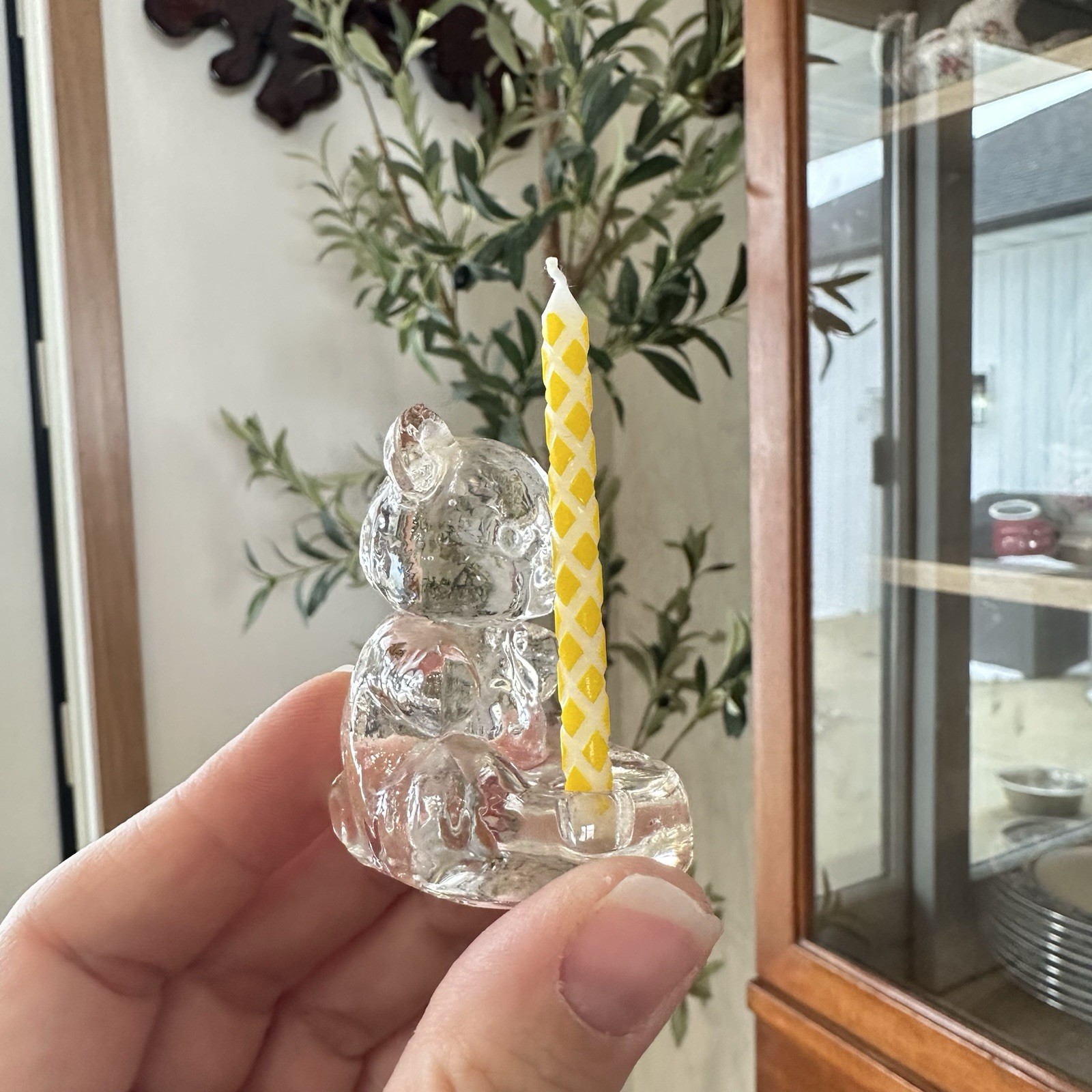 Vintage Crystal Glass Teddy Bear Birthday Candle Holder Mini 2” Baby Shower