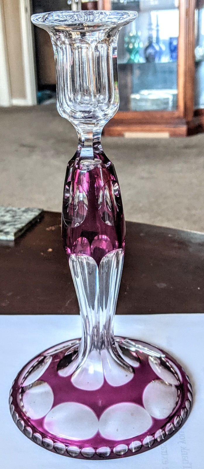 Val Saint Lambert Handblown Cranberry Cut to Clear Overlay Candlestick France