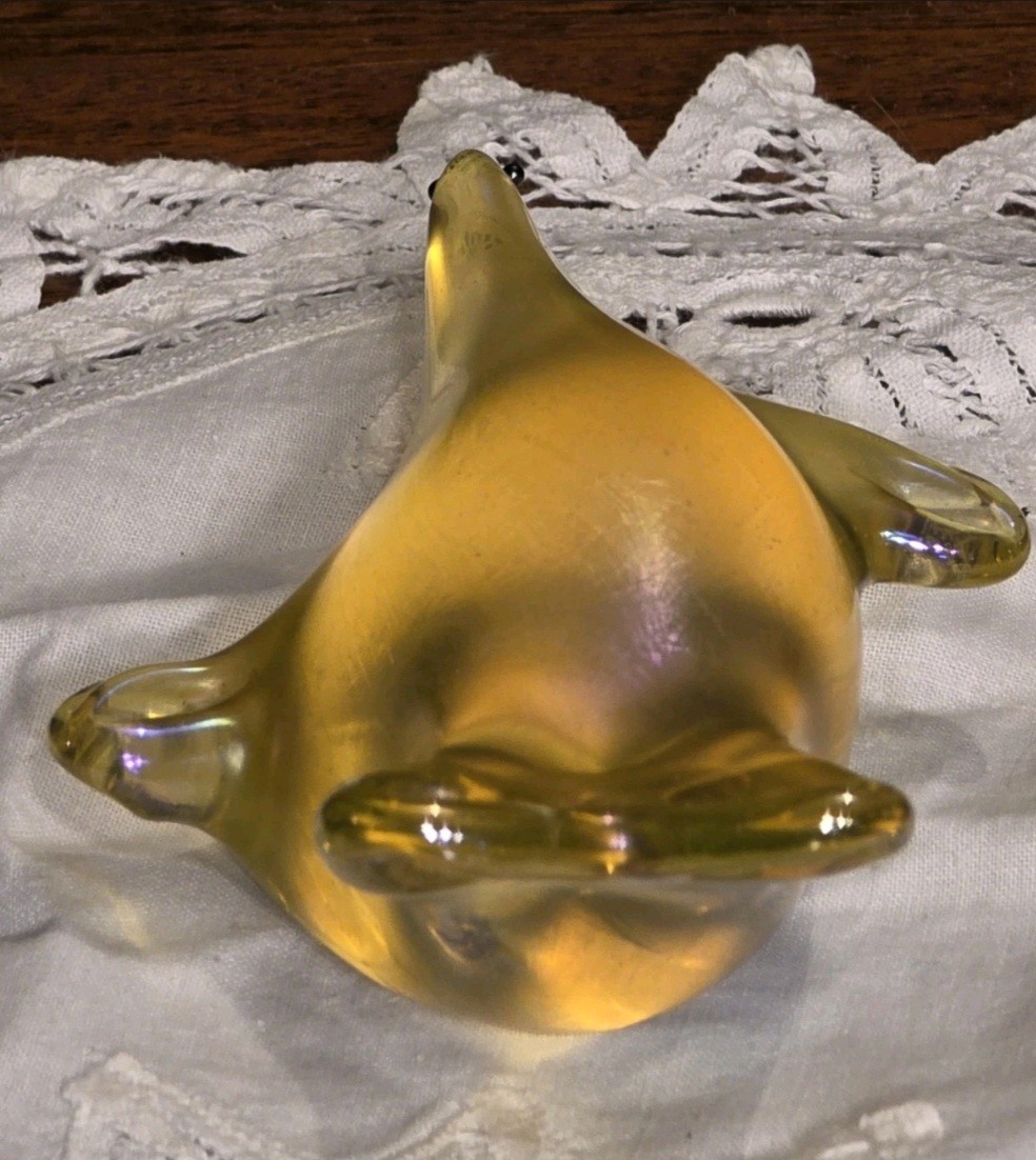 Orient and Flume Uranium Seal Signed Art Glass Paperweight Yellow