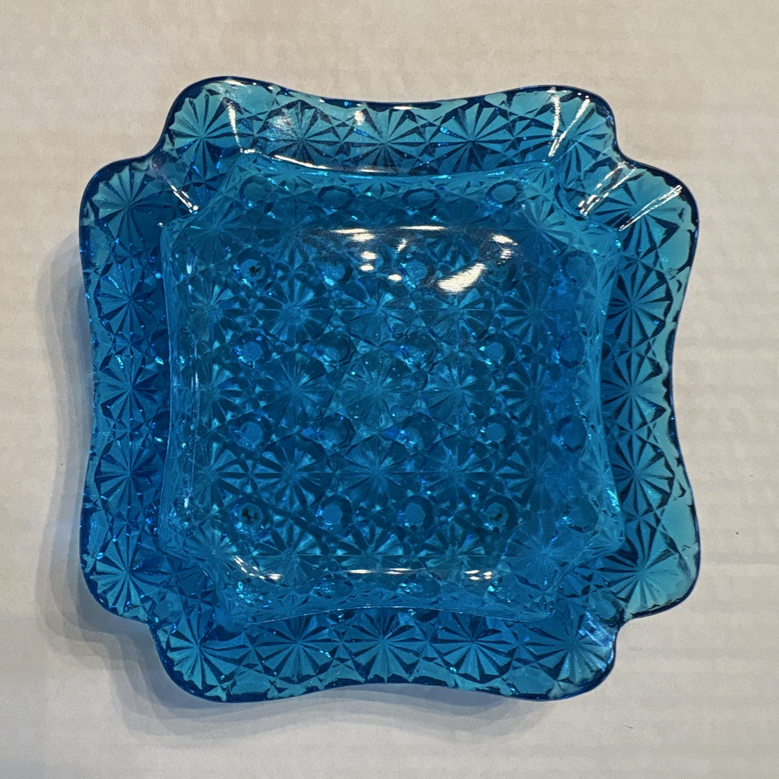 Blue Square Pressed Glass Starburst Theme Ashtray, Pressed Glass Technique