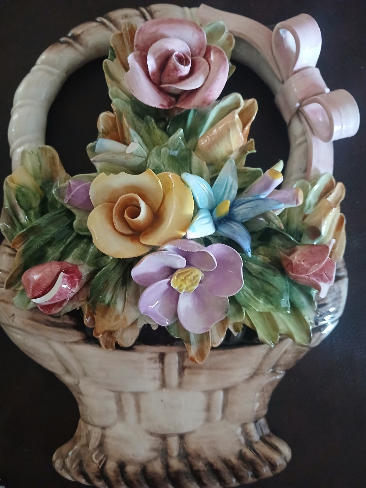 Capodimonte Vintage Porcelain Flower Basket Wall Plaque
