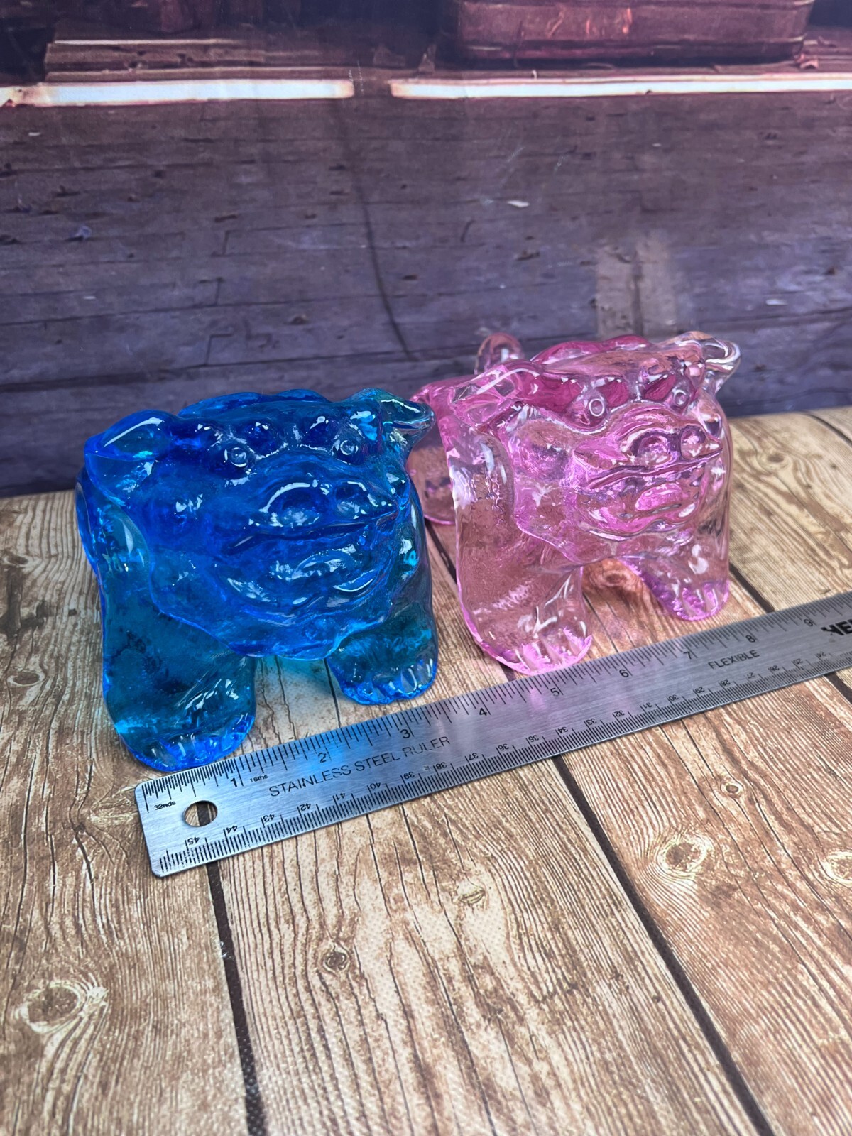 Blue and Pink Foo Dog Okinawa Art Glass Japan Decorative Collectible