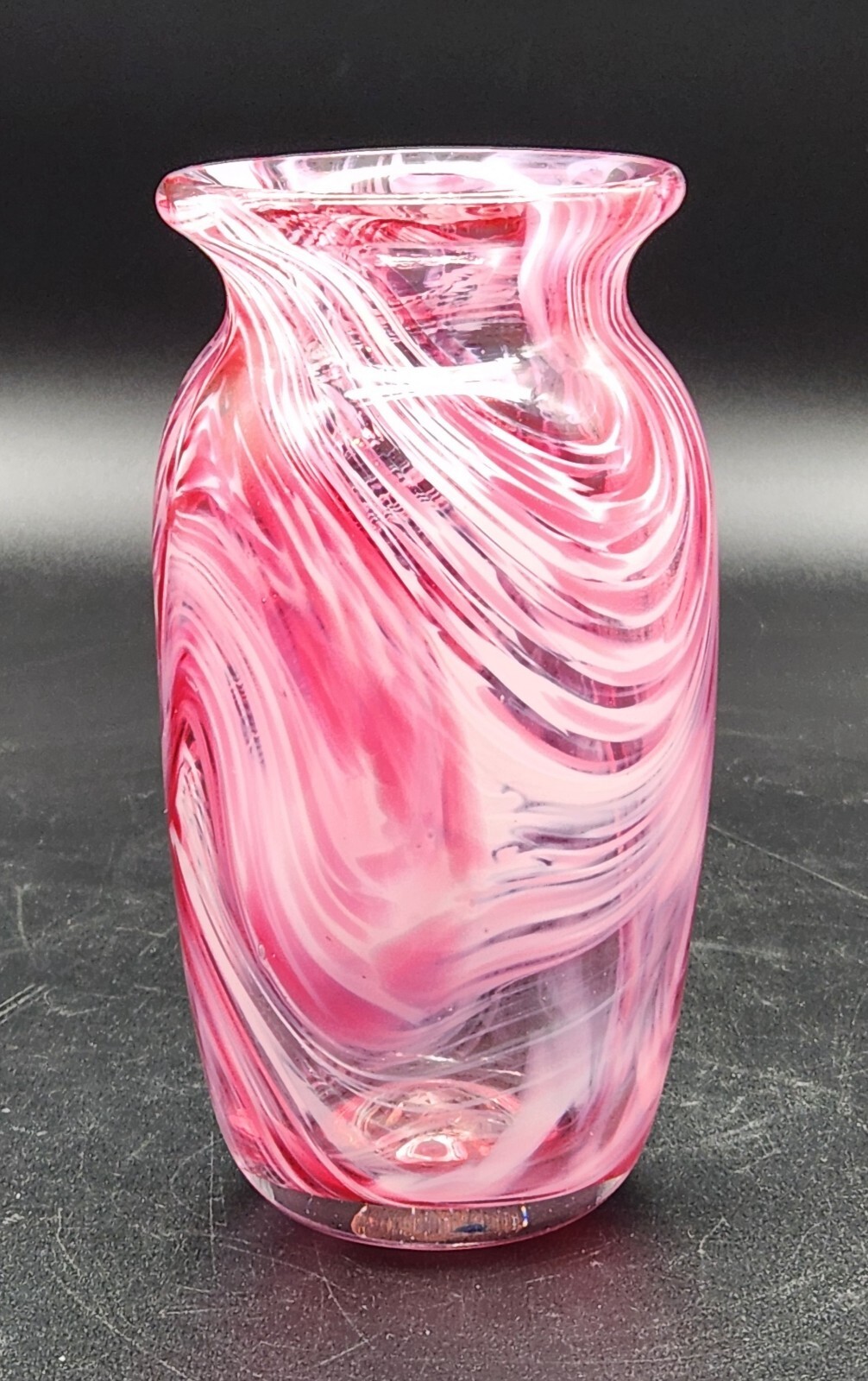 Art Glass Vase Pink White Abstract Swirl Cased Clear Polished Pontil 6″T Heavy