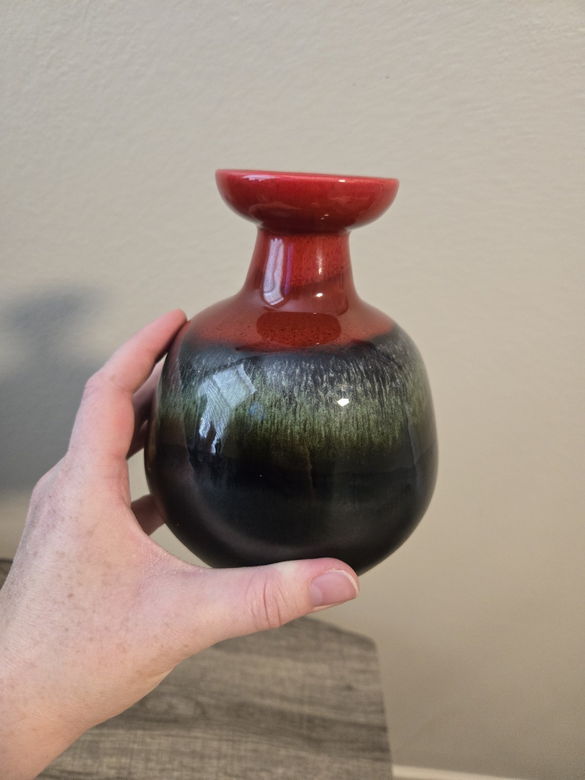 Hutschenreuther Style Fat Lava Bulbous Vase, Glossy Red, Green, And Black Matte