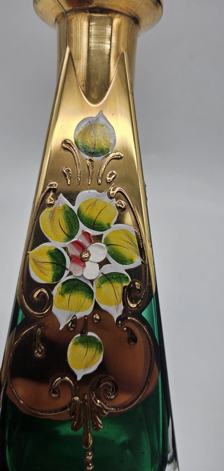 Venician Murano Glass Art Vase Emerald Green Gold Hand Painted Floral Bohemian