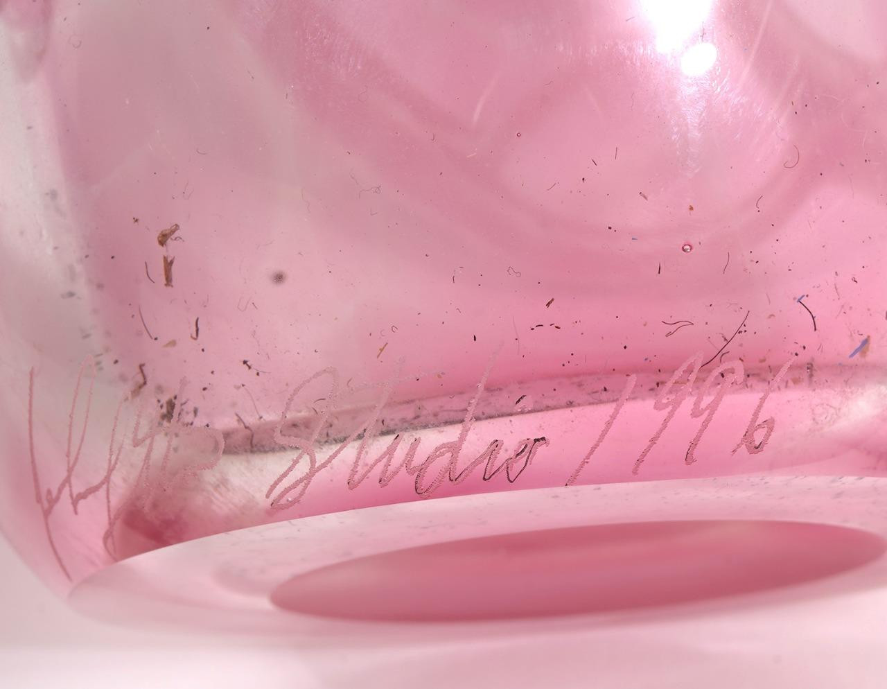 Art Glass John Lotton Signed 1996, Large White & Pink Floral Design Vase, 10″