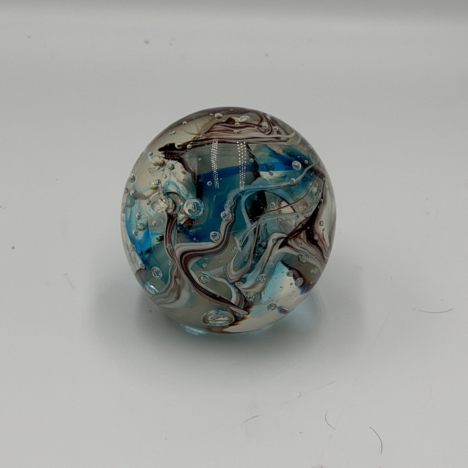 Vintage Signed Art Glass Paperweight Purple Blue Swirl Control Bubbles 2.5” UV