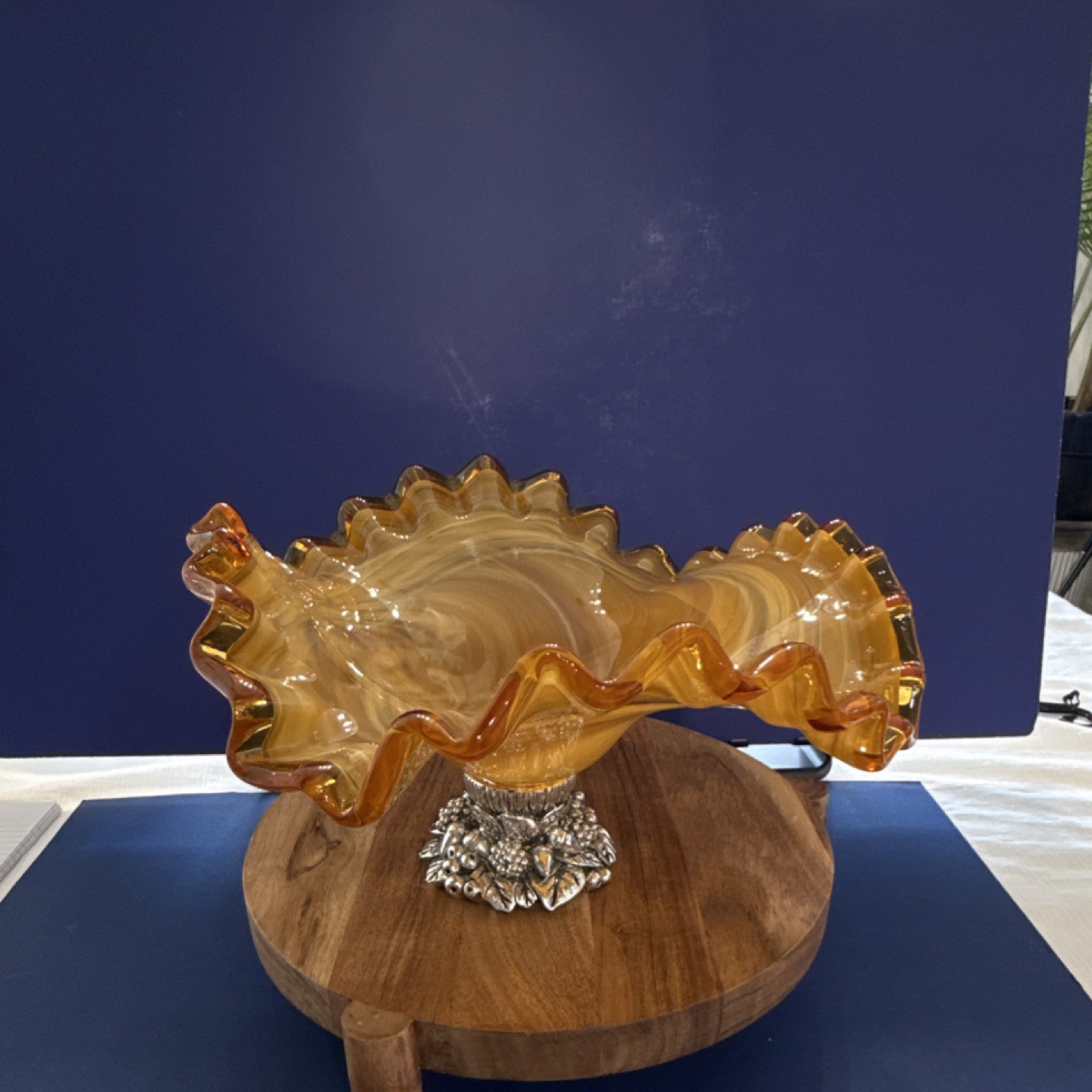 Mid-20th Century, Italian blown glass with silver base, “Brides Basket Style”.