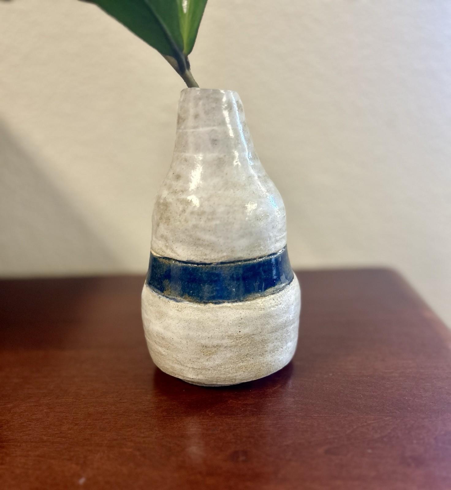 Vintage MCM Signed Textural Studio Art Pottery Beige Earth Tone with Blue Band