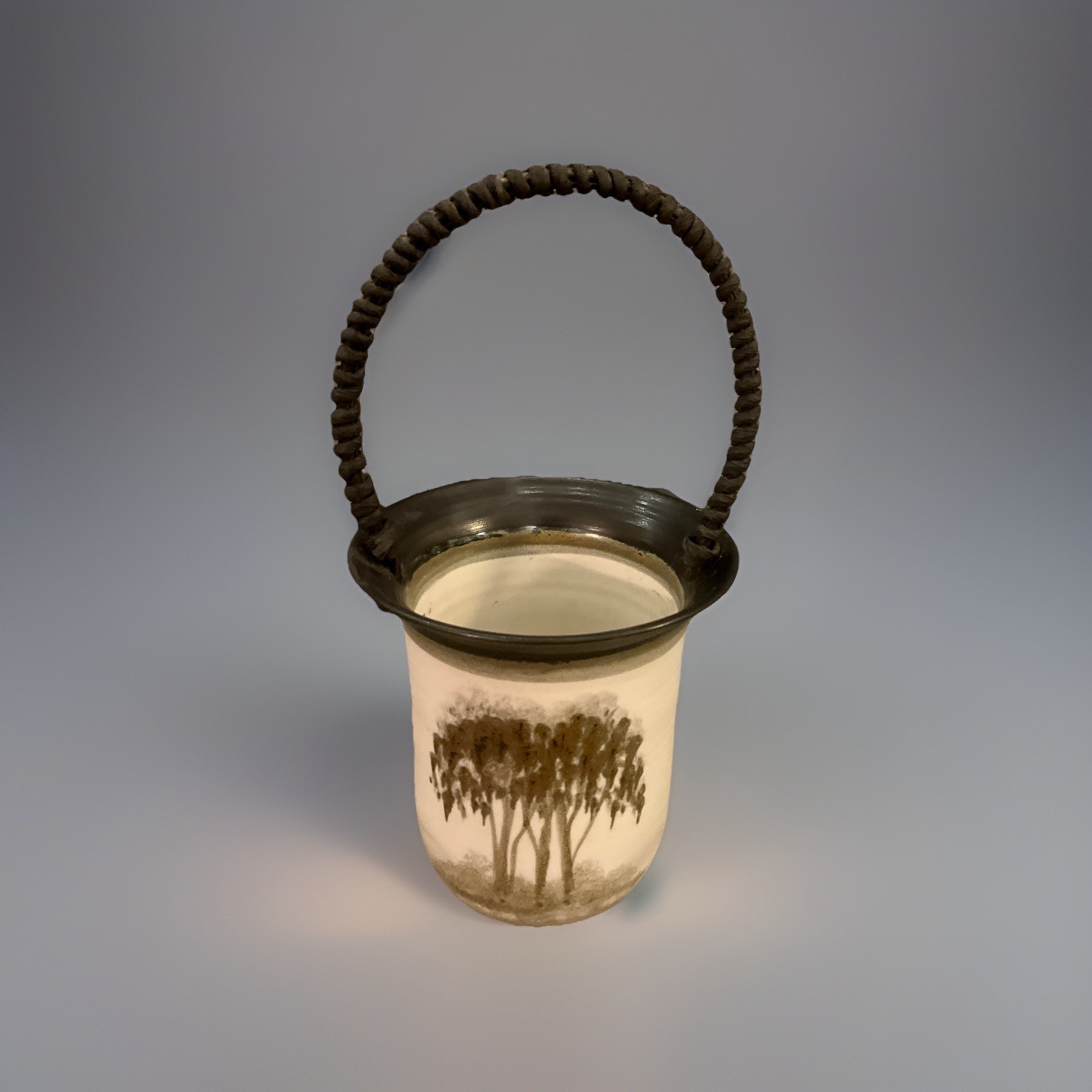 Nancy Bishop Pottery Pot Basket Jar Silhouette Trees w Corded Raffia Handle 5.5”