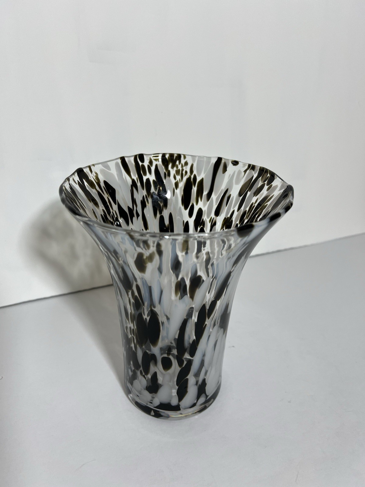 Vintage Hand Blown Art Glass Vase Black White Spatter Confetti Flared 7”