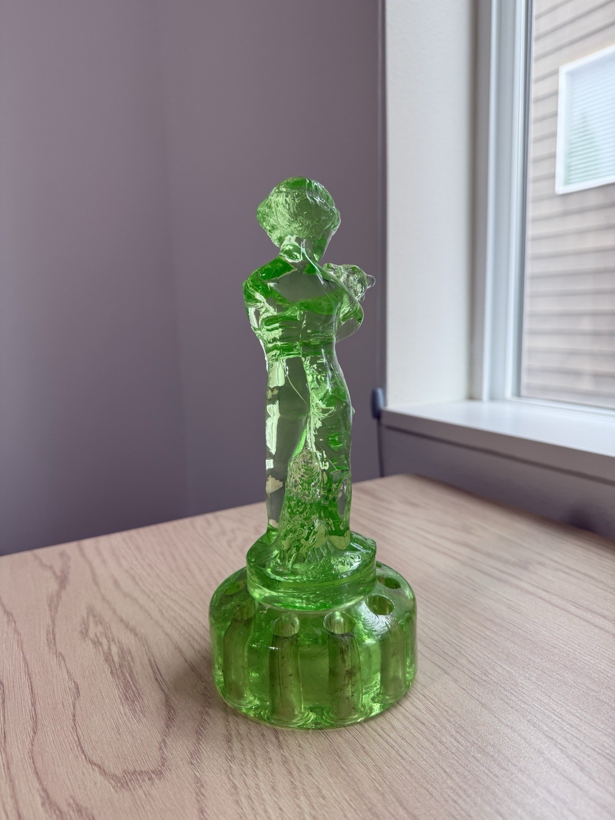 Cambridge Green Uranium Glass – Two Kid Flower Frog Boy & Goat – See Photos/read