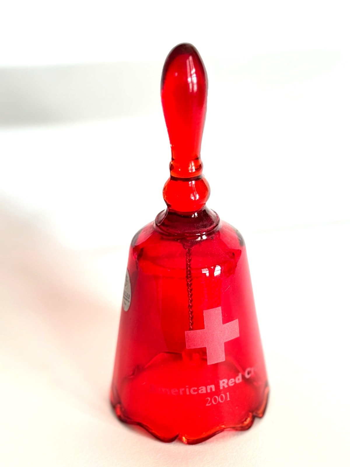 Fenton Handmade Red Glass Bell American Red Cross 2001 Etched Rim Vintage USA Ra