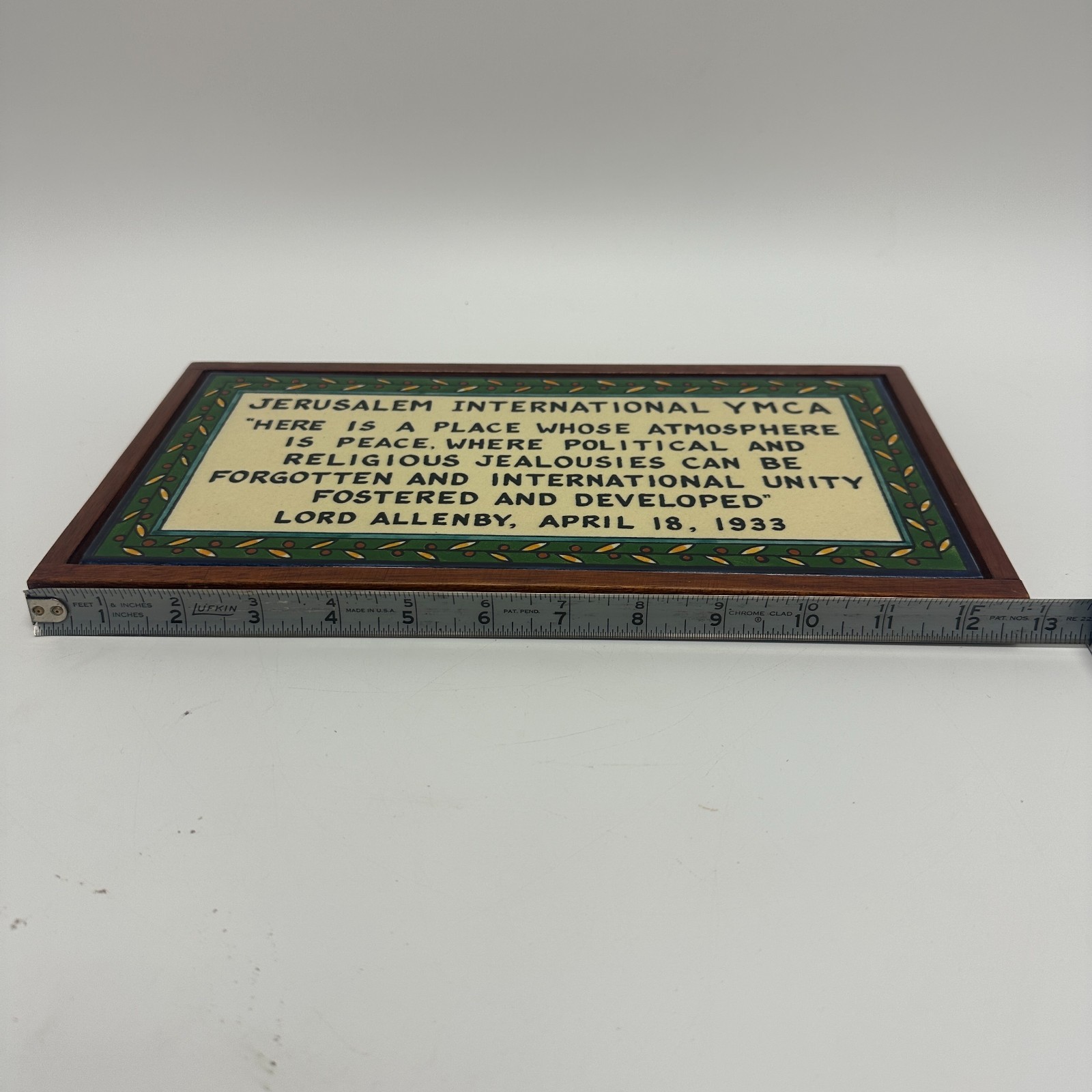 Vintage Jerusalem Pottery Tile Wall Plaque YMCA Peace Unity Quote Wood Frame