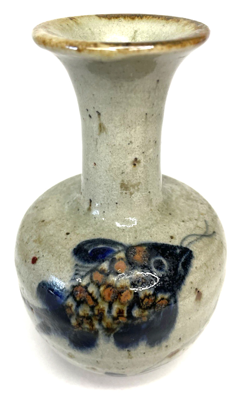 VTG Art Pottery Handmade Fish Vase Blue Rust Brown Natural Glaze Speckled Rustic