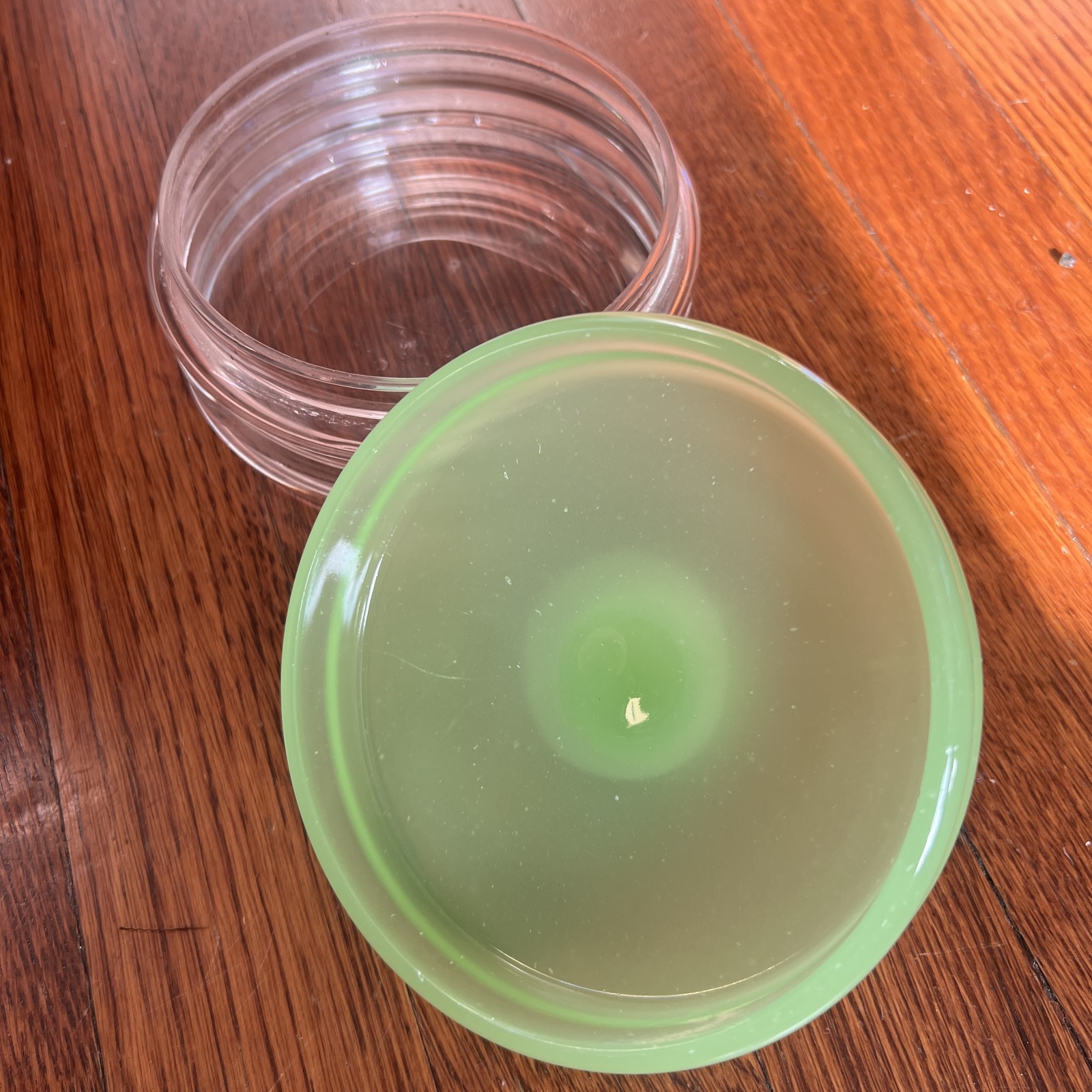Vintage Uranium Glass Powder Box Lid Glows UV Ribbed Clear Opal Green Art Deco
