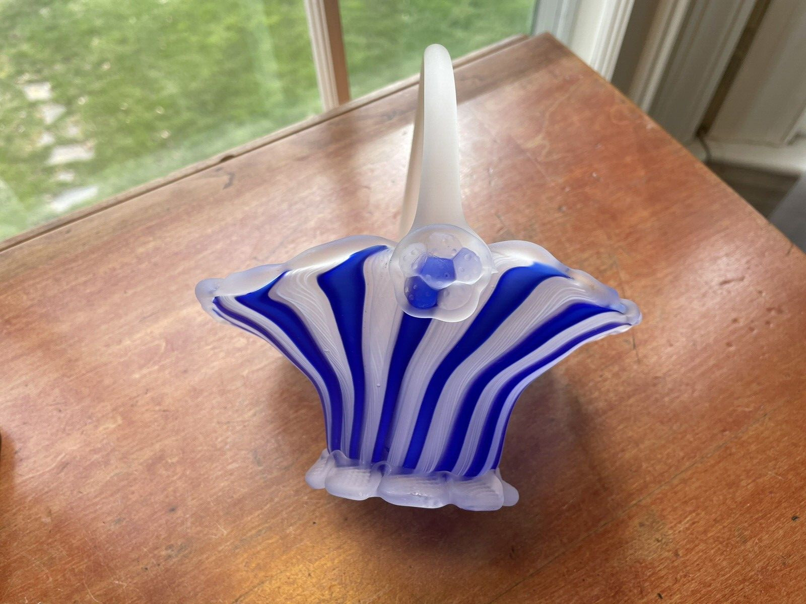 Vintage Murano Glass Basket Blue and White Filligrana