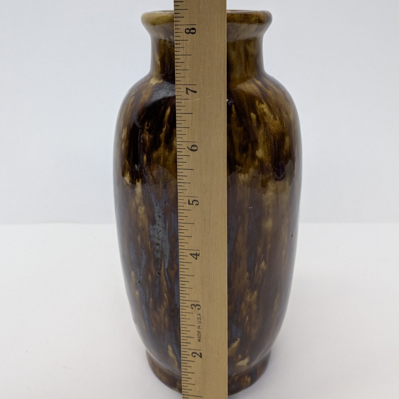Yellowware Bennington Rockingham Brown Drip Glazed Pottery Vase 8″
