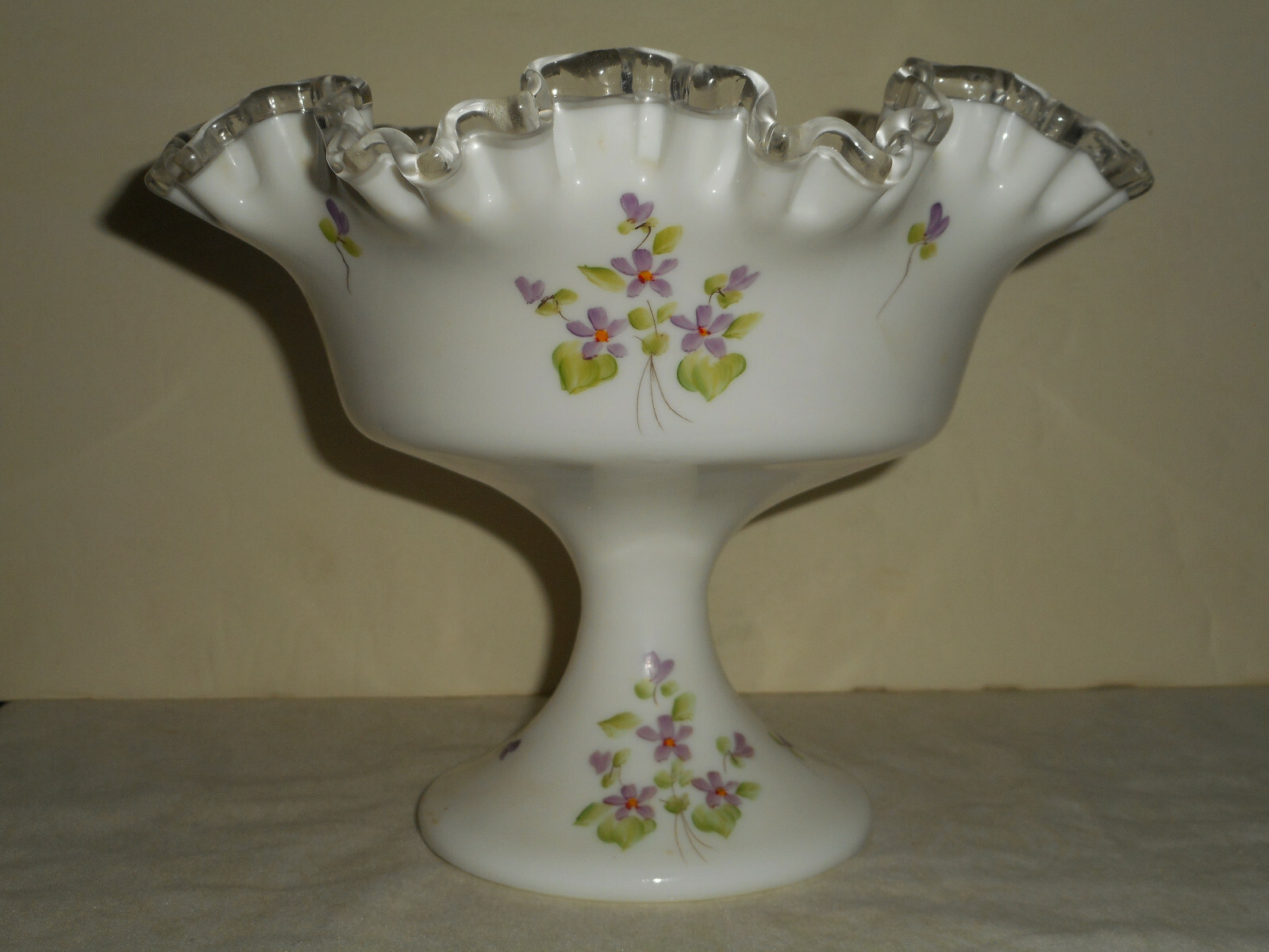 FENTON Violets in the Snow Silvercrest Pedestal Compote Bowl Signed CONNIE ASH