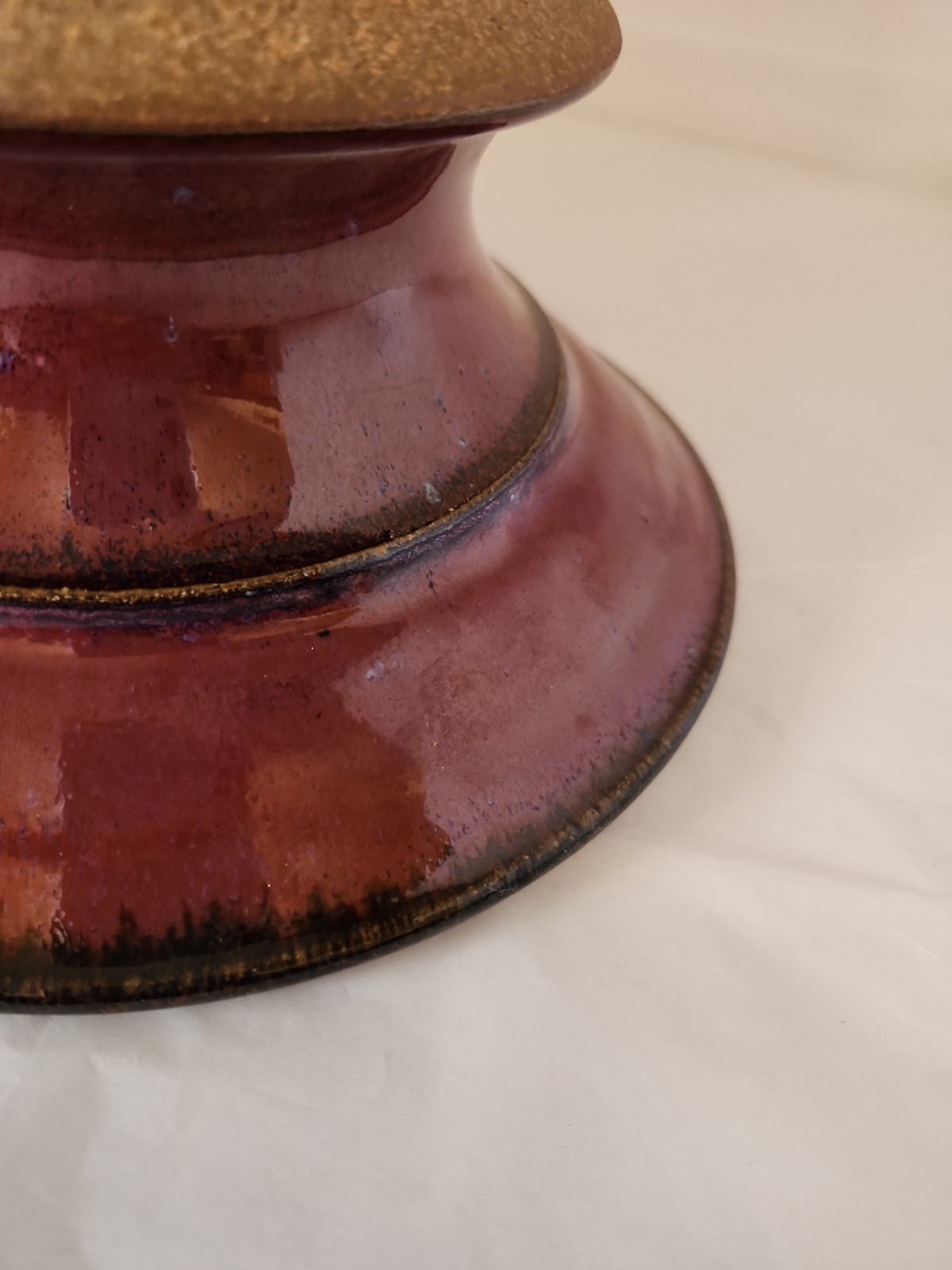 Ikebana 8.25″ Vase W Flower Frog Purples Maroon Blues Pottery Round Disc Signed