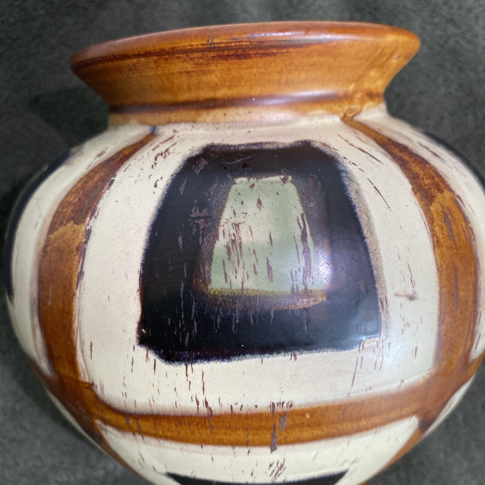 VTG Hand Painted Geometric Design Vase, Studio Piece, Earthenware, Unsigned 7”