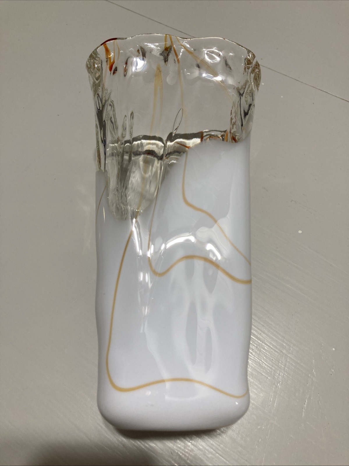 Vintage Handblown Modern Art Glass 7.75″ Vase Marbled Orange, White & Clear