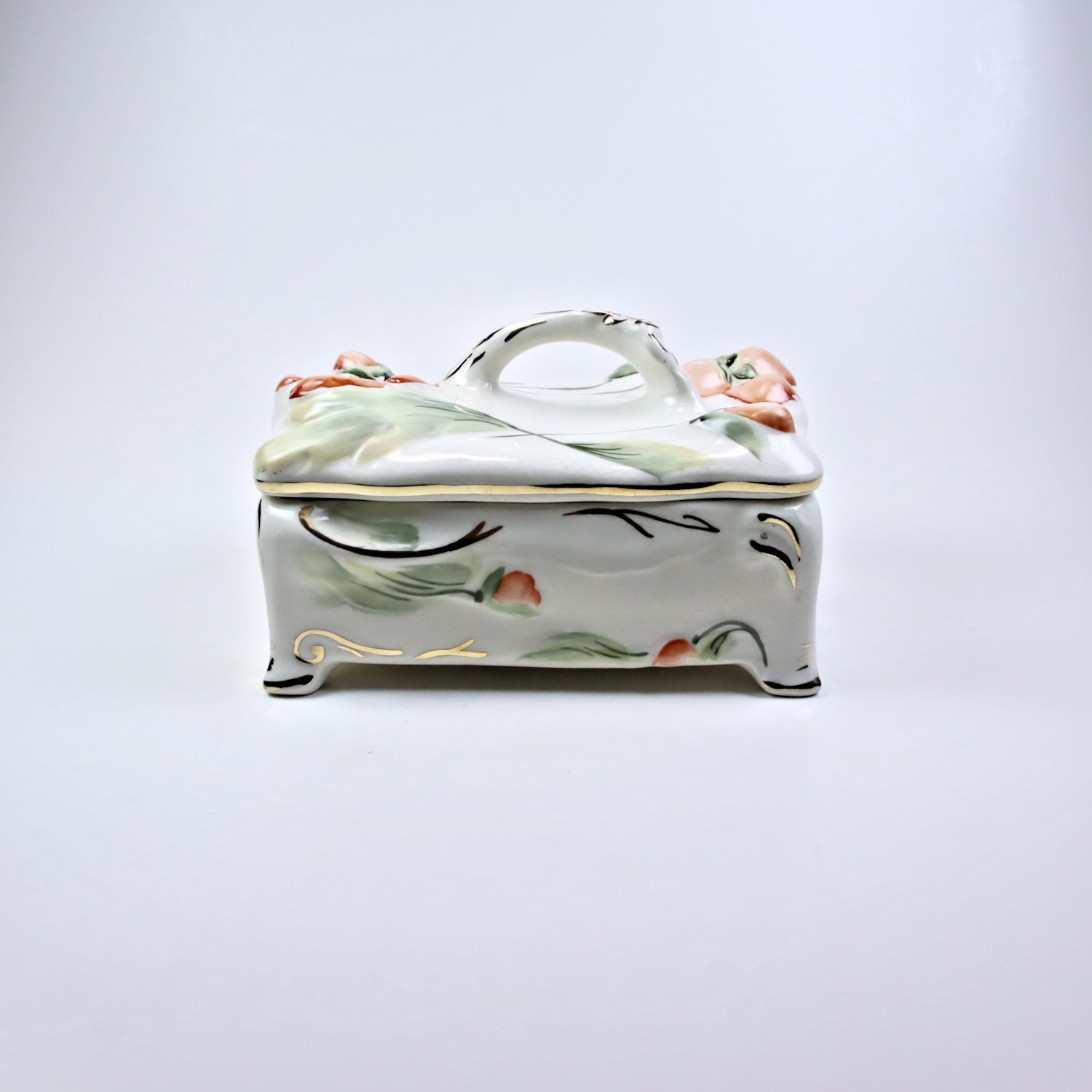 1940’s Coventry Ware Pottery Pink Poppies Footed Gold Trinket / Candy Box 5302A