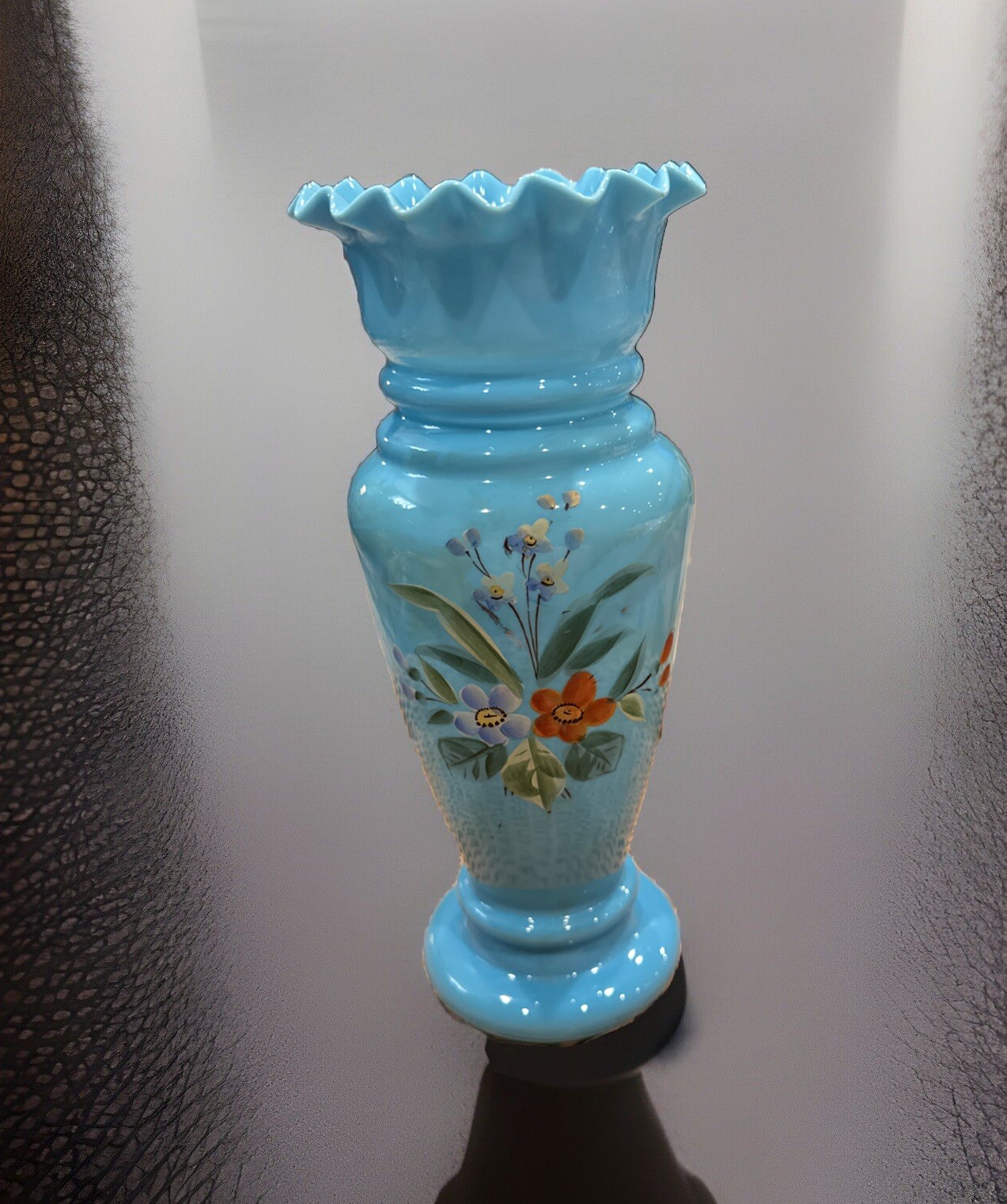 Vtg Hand Blown Robins Egg Blue Bristol Glass Vase Hand Painted Floral 9.75 In