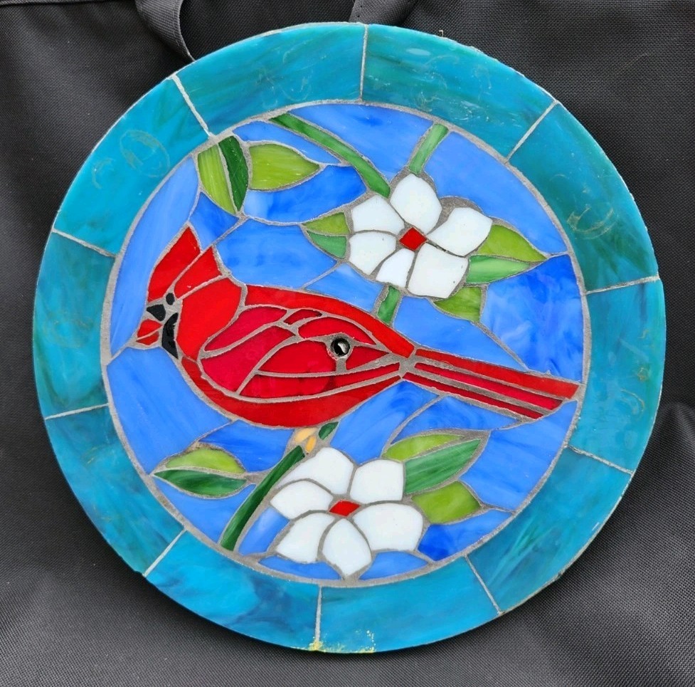 Vtg Handmade Stained Glass Red Cardinal Bird 11″ Art Flowers Round Ceramic Lid
