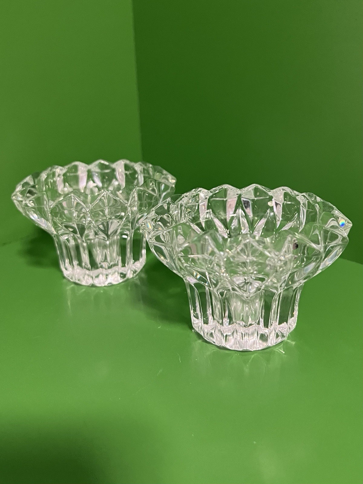 Pair of Cristal d’Arques Durand 24% Lead Crystal Clear Candleholder 3.5”W Vtg