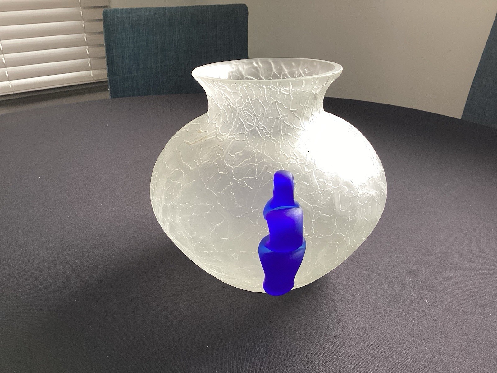 Studio Art Frosted White Crackle Vase With Cobalt Blue Handles