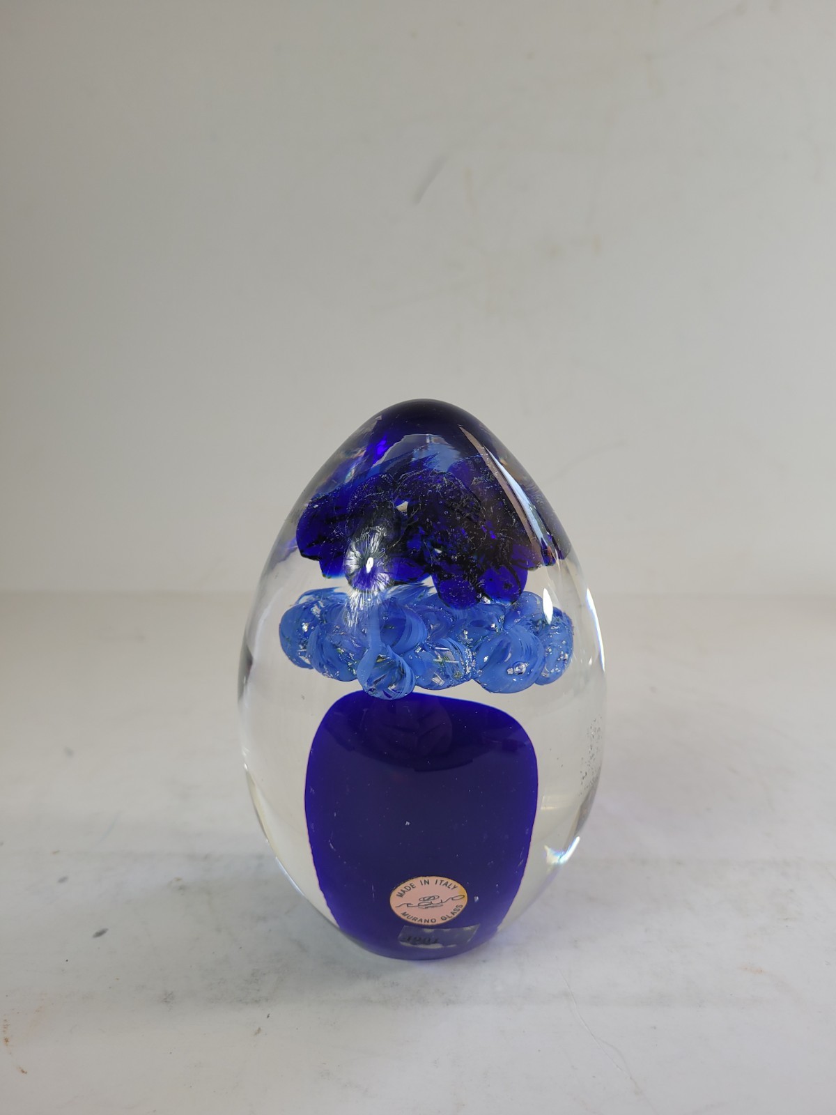 V Nason Murano Glass Egg Paperweight Blue Fountain Controlled Bubble Signed