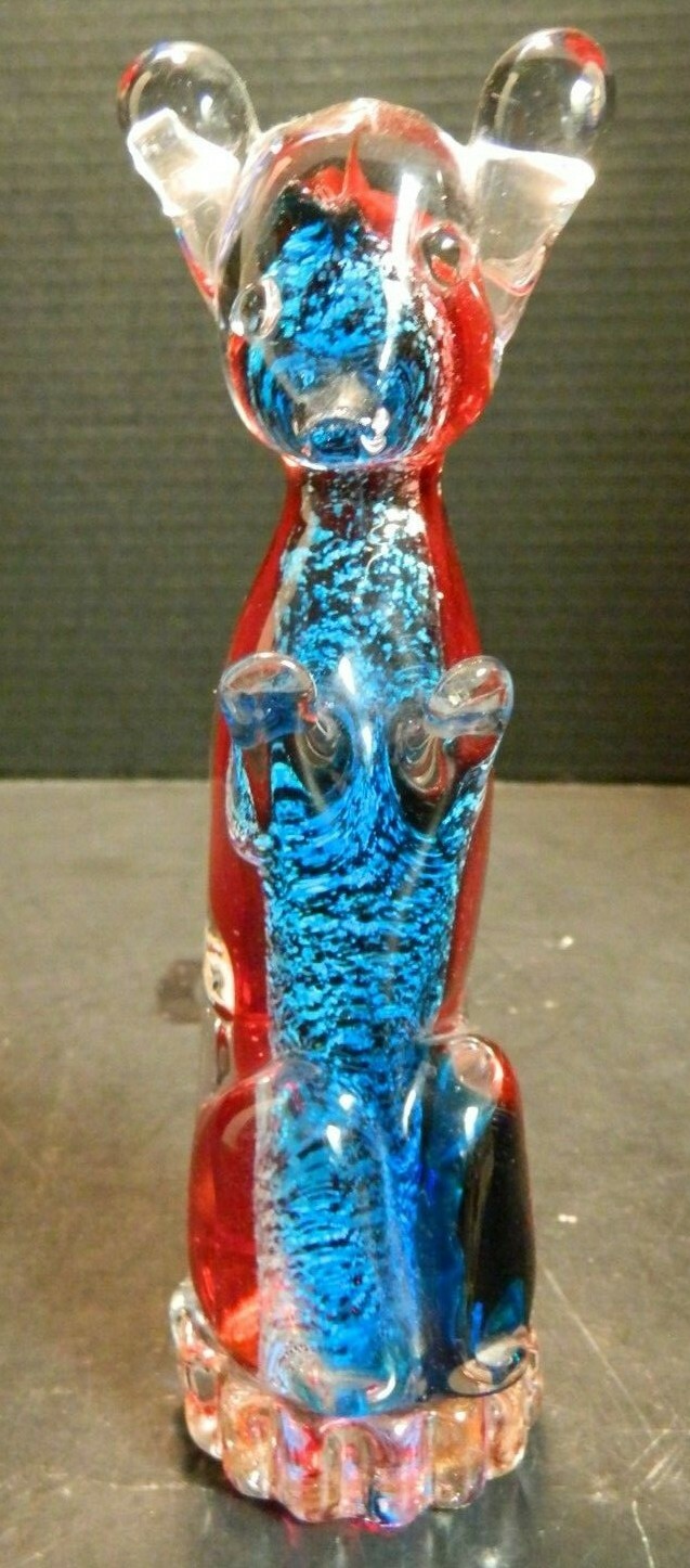 Vintage Hand Blown Murano Red, Blue & Silver Art Glass Mouse Figurine 8″ Excel