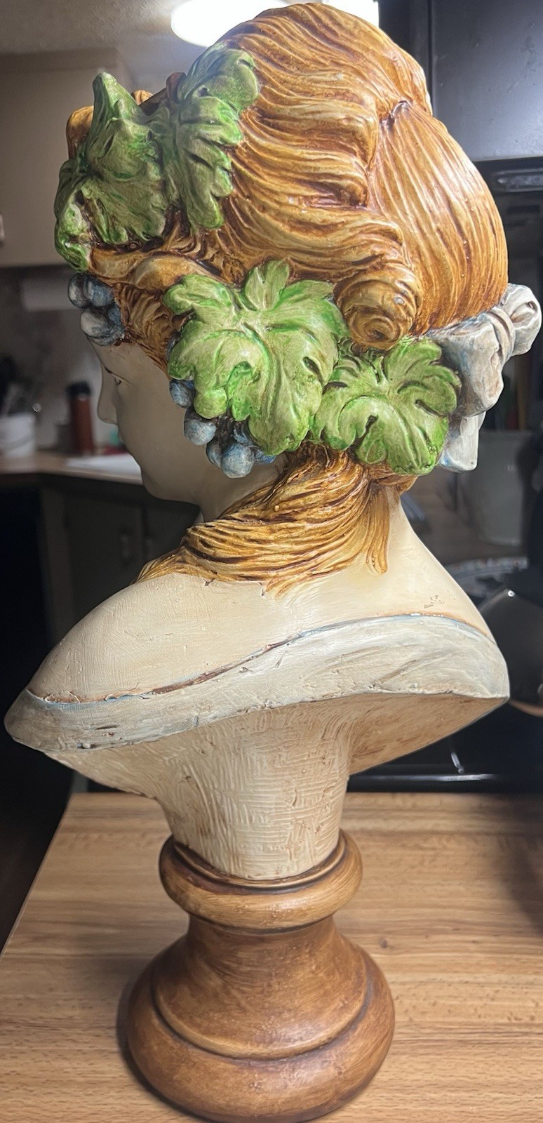 Plaster Bust Figurine with Grapes and Leaves Motif on Wooden colored Base