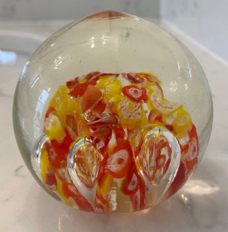 Murano Italian Glass Paperweight Faceted With Millefiori Orange And Yellow EUC
