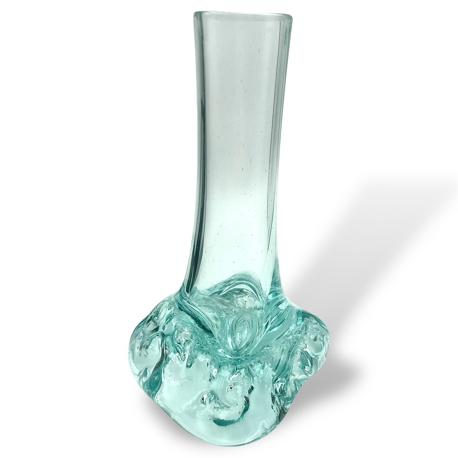 MCM 1950s BRUTALIST Molten Aqua Glass Bud Vase Stretched Bubbles Italy EUC