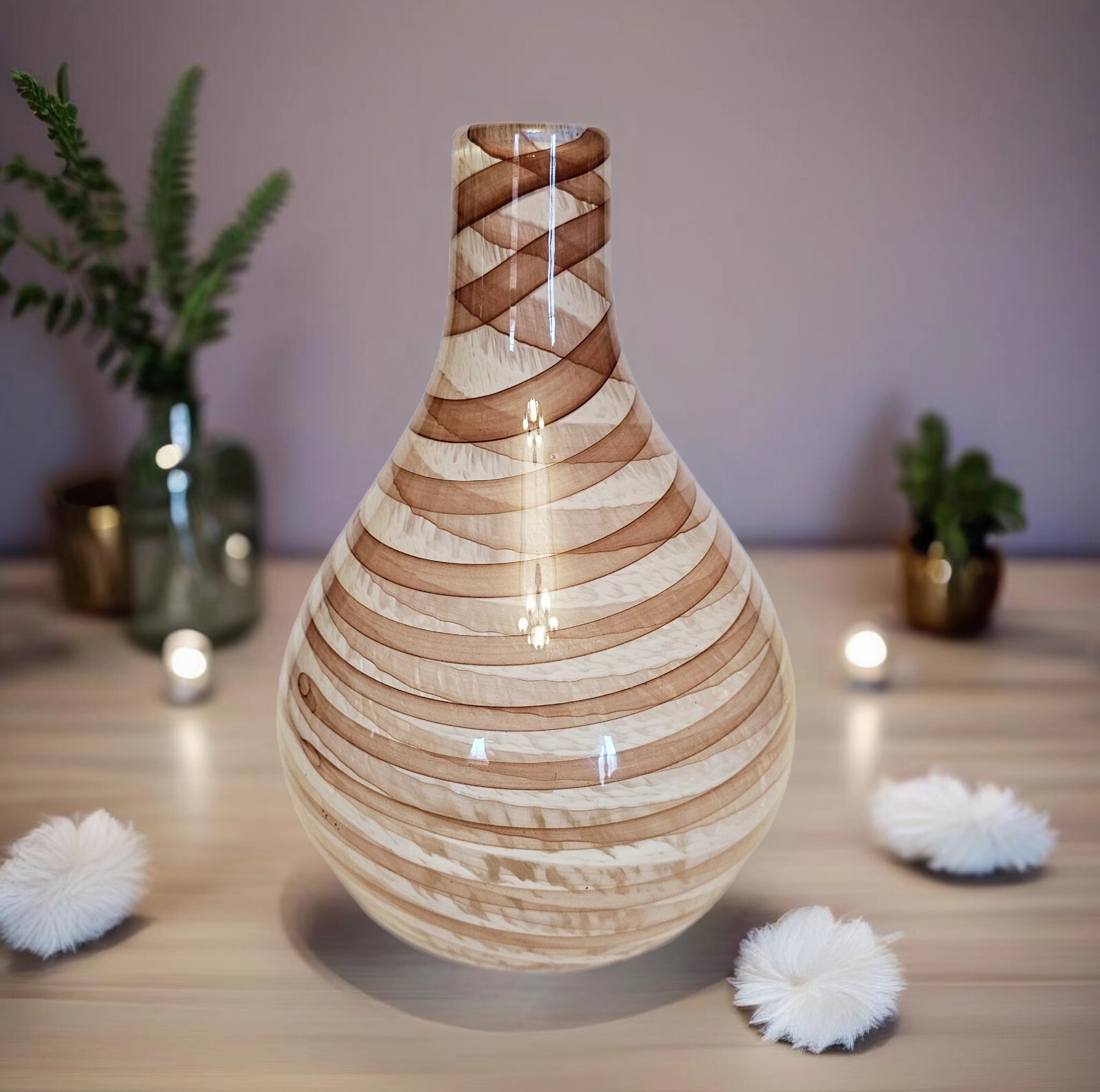 Hand Blown Art Glass Vase Pink White & Clear Striped Decorative 7″ x 10″