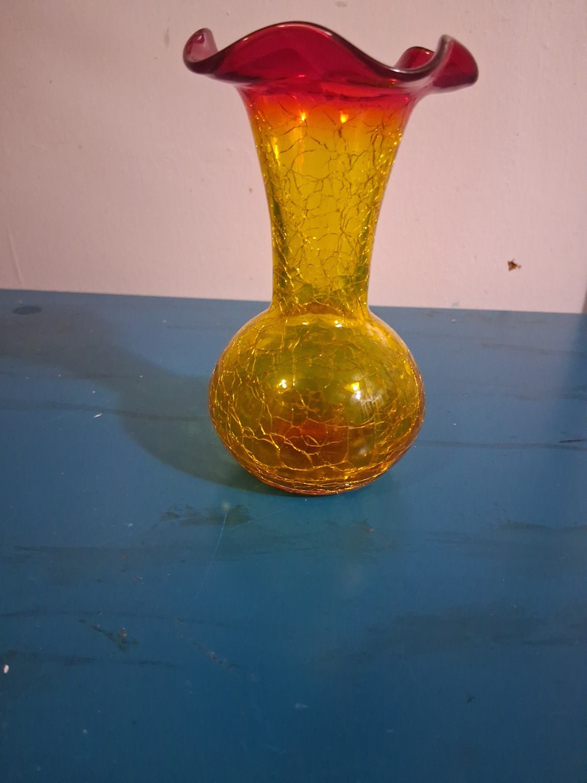 Amberina vintage small crackled Red and Yellow hand blown glass vase