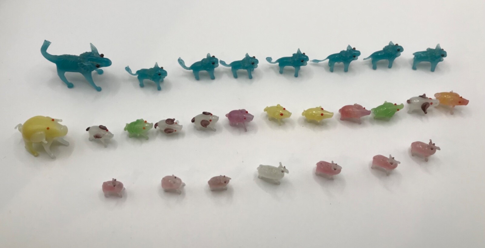 Glass Blown Handmade Multi Color Miniature Camels, Wolverines, and Pigs