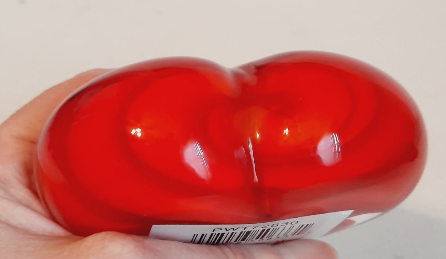 Ruby Red Hand Blown Art Glass Heart Shaped Paperweight Ribbon Swirl Gallerie II