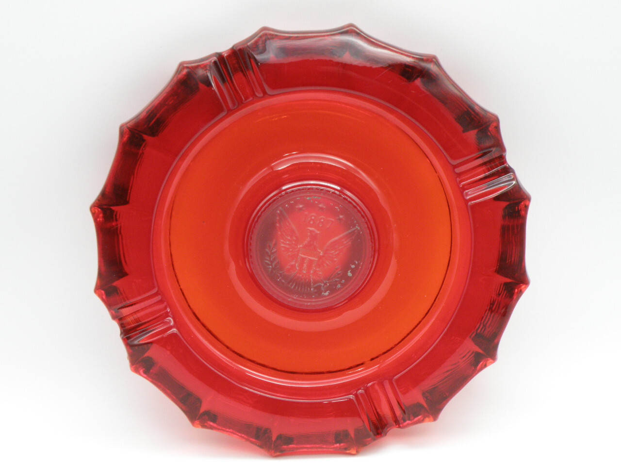 Vtg Ruby Red FOSTORIA American Eagle Coin 1887 Glass Cigar Cigarett Ashtray 7.5″
