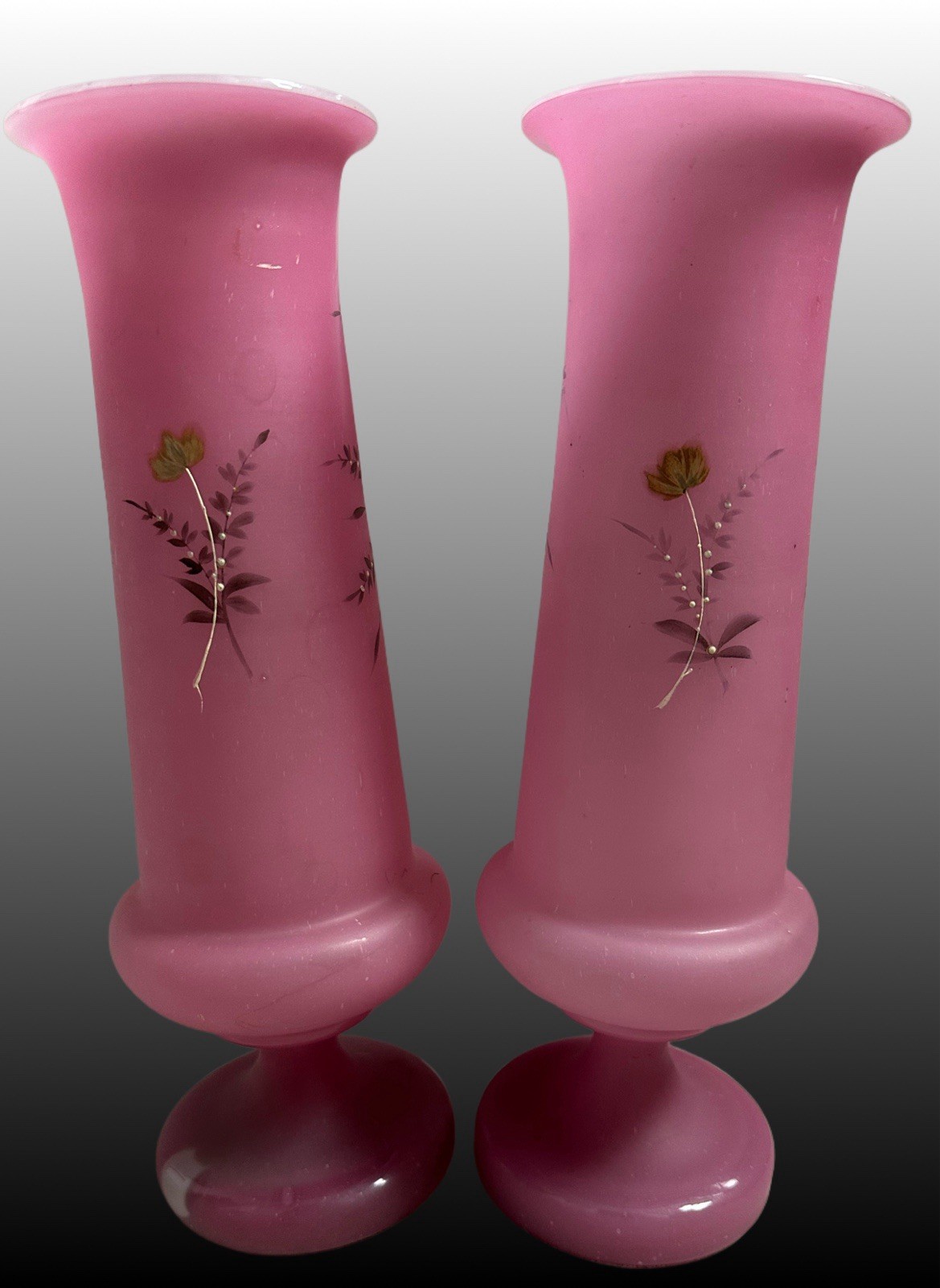 Pair Of Antique Pink Handblown Bristol Glass Pink Opalescent Glass Vases 12.5”